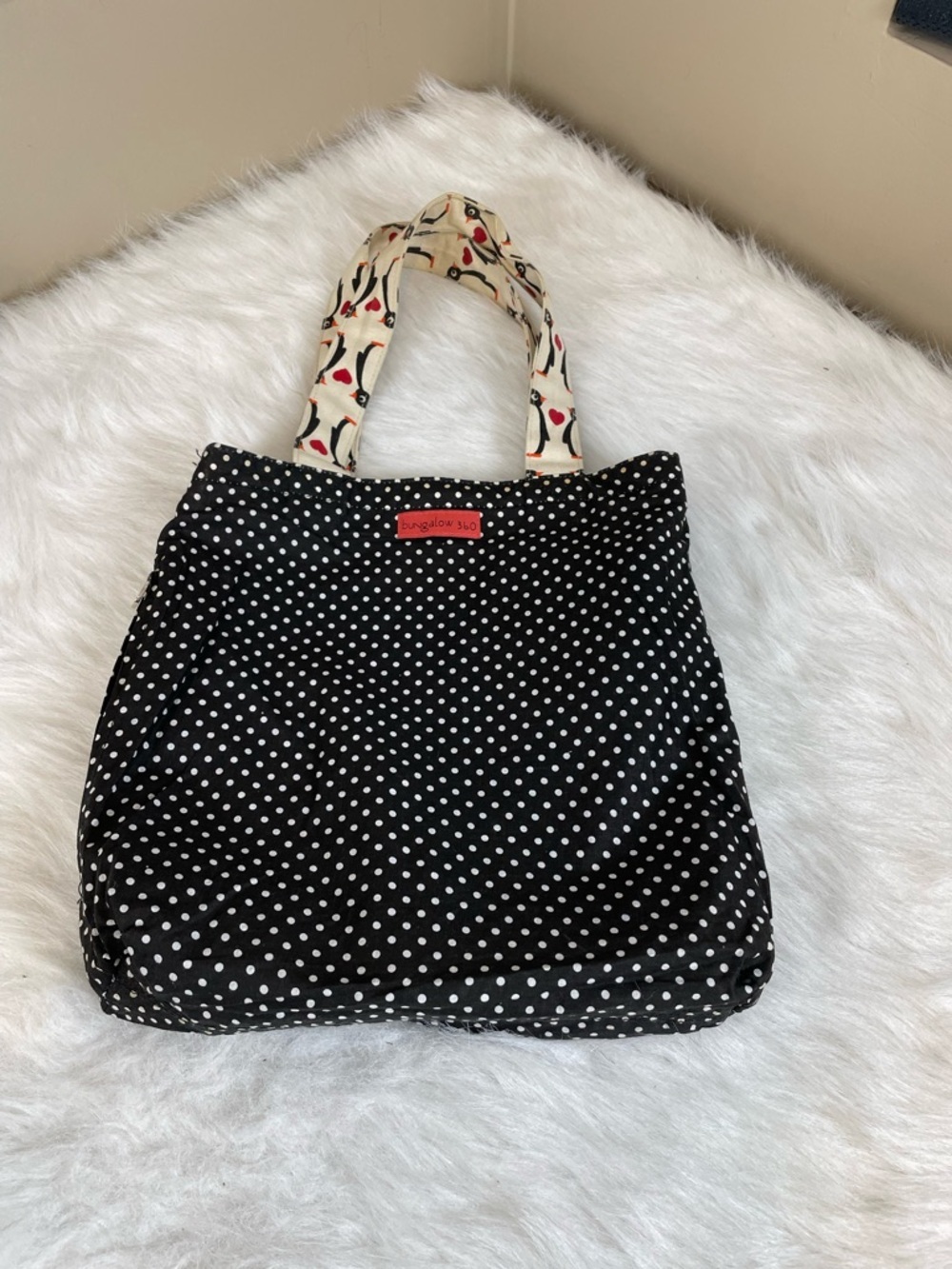 Bungalow 360 Penguin Print Canvas Tote Bag in Cream and Black with Red Accents - Picture 5 of 11